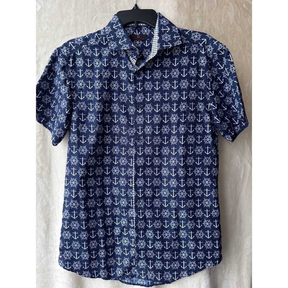 Young Men's short-sleeved navy blue white anchor/ship-wheel shirt Size Small
